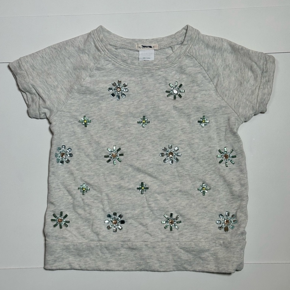 J. Crew Crewcuts Girl’s Gray Tee with Sparkling Beaded Floral Accents Size 4/5